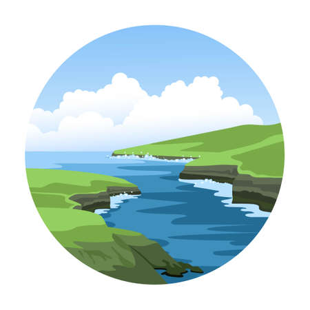 Sea nature landscape with green rocky coastlines and fluffy clouds. Simple round hand-drawn vector illustration.のイラスト素材