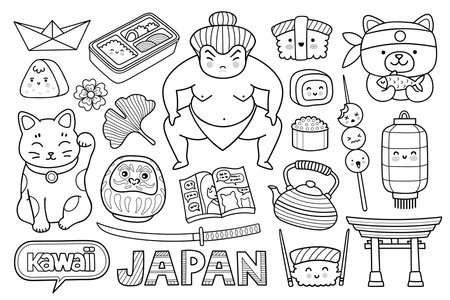 Sushi, daruma doll, origami, maneki neko, sumo wrestler and manga. Famous japanese symbols and elements. Travel to Japan, Tokyo. Outline vector illustration.のイラスト素材