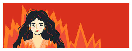 Angry furious woman surrounded by fire. Overworked person on the verge of psychological breakdown....
