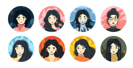 Set of different emotions of people. Portrait of young women in various mental states. Round flat avatars. Sadness, joy, anger, fear, love. Vector cartoon illustration.のイラスト素材