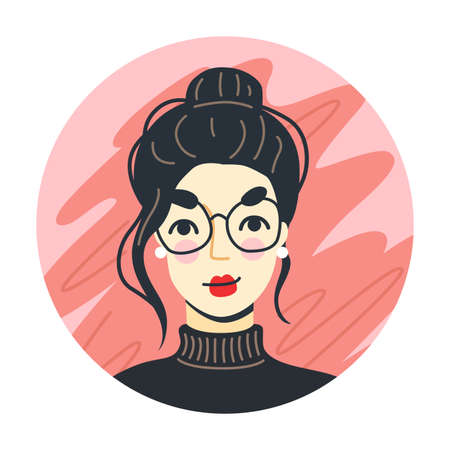 Happy confident woman. Round cartoon portrait and avatar of young woman. Flat hand-drawn vector illustration.のイラスト素材