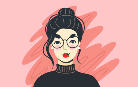 Happy confident woman. Cartoon portrait and avatar of young woman. Flat hand-drawn vector...
