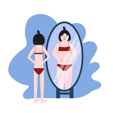 Anorexia, dysmorphophobia, eating disorder. Woman looking in the mirror. Self hate and dissatisfaction with appearance. Body rejection problem. Flat vector illustration.のイラスト素材