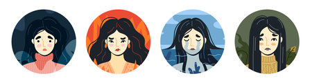 Set of woman with depression, anxiety, anger and apathy. Mental disorders, negative emotions and psychological states. Round flat vector illustrations.のイラスト素材