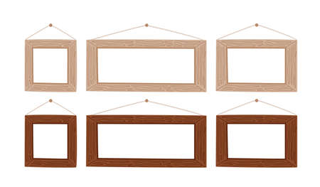 Wall picture frames. Horisontal templates for different sizes. Empty signboard hanging on rope. Cartoon simple hand-drawn vector illustration.のイラスト素材