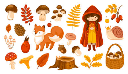 Set of fall forest stickers: falling leaves, basket with mushrooms, cute fox, snail, acorn. Autumn season collection for greeting card, prints, wrapping paper. Vector cartoon illustration.のイラスト素材