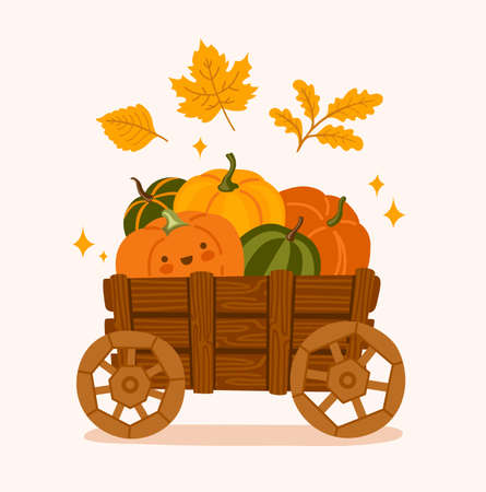 Cart with cute happy pumpkins. Fall season, autumn farmers market. Harvest ripe various colors gourd in wooden wagon. Cute cartoon illustration.のイラスト素材