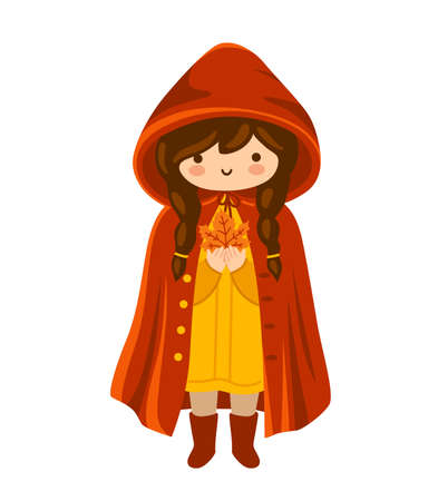 Cute little girl in red in a raincoat with a hood holding maple fallen leaf. Flat vector illustration. Funny kawaii little child in woodland, autumn forest, kid. Isolated hand-drawn cartoon character.のイラスト素材