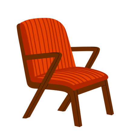 Red chair on wooden legs. Simple elegant indoor furniture with red upholstery. Cartoon hand-drawn vector illustrtation.のイラスト素材