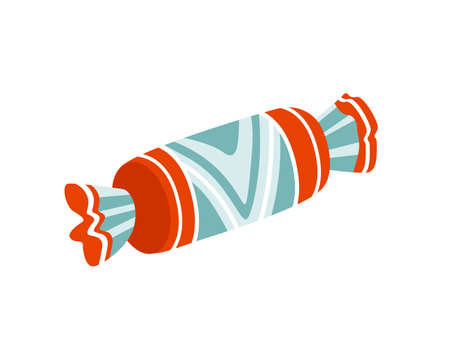 Chocolate candy in colorful wrapper. Simple retro design. Cartoon hand-drawn vector illustration.のイラスト素材