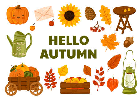 Autumn garden hand-drawn vector illustration. Apples crate, pumpkin cart, lantern, acorn, sunflower and fallen leaves. Cartoon elements with text space. Fall poster concept with copyspace, template.のイラスト素材