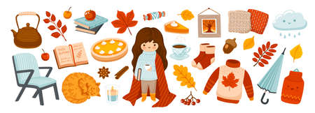 Set of cute cozy home elements: cute sleeping cat, pumpkin pie, socks, sweater, books and umbrella. Autumn season collection for card, stickers, prints, wrapping paper. Vector cartoon illustration.のイラスト素材