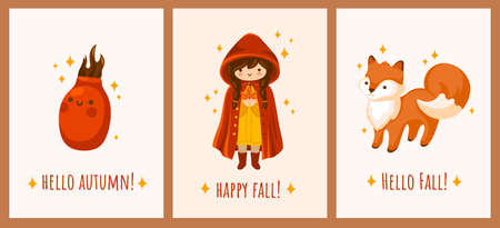 Kawaii rose hip berry, little girl wearing rea mantle and funny fox. Cute forest fairy tale fantasy characters. Hello autumn postcards concept with lettering. Hand-drawn cartoon vector illustrations.のイラスト素材