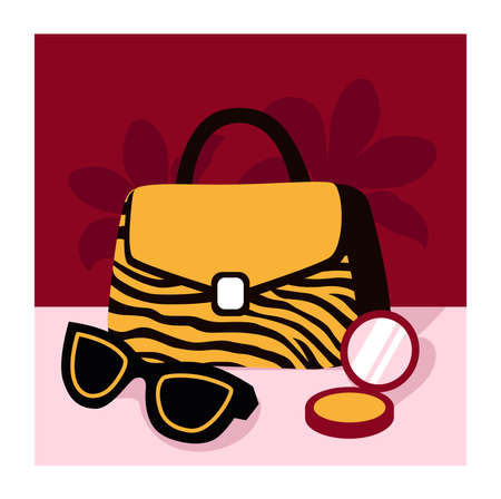 Bag with tiger stripes pattern, sunglasses and powder. Trendy fashion colored hand drawn illustration for fashion magazine, page, cover, article and book.のイラスト素材