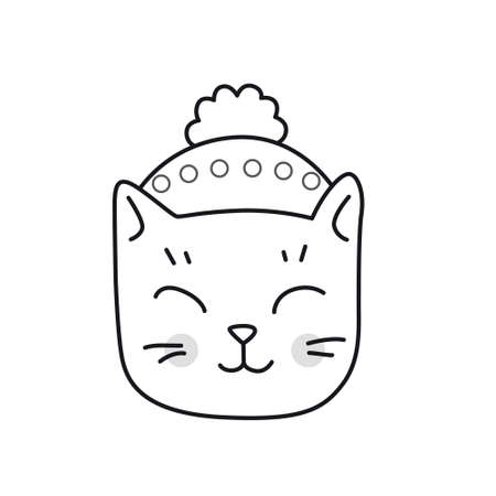 Cat in christmas cat, kawaii kitty. Cute cartoon animal character in cup. Funny outline illustration. Vector isolated emblem for coloring book, tattoo, print.のイラスト素材