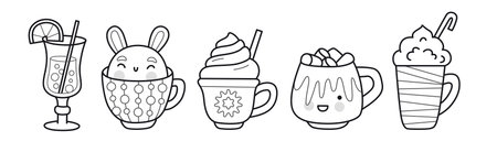 Mulled wine, irish coffee with whipped cream, latte with marshmallows, cacao drinks. Outline illustration. Collection of traditional hot winter beverages. Vector isolated emblem for   coloring book, tattoo, print.のイラスト素材
