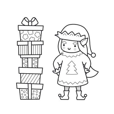 Christmas elf girl with stack of gifts boxes and presents. Female cartoon character. Funny cute outline illustration. Vector isolated emblem for  coloring book, tattoo, print.のイラスト素材