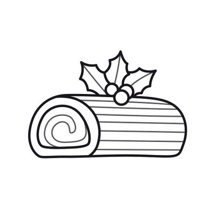 Christmas yule log cake with holly. Holiday decoration, treat. Outline illustration. Vector isolated emblem for   coloring book, tattoo, print.のイラスト素材