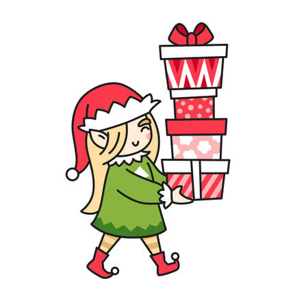 Christmas elf girl carrying stack of gifts boxes and presents. Female cartoon character. Funny cute vector colored illustration for print, postcard, greeting card.のイラスト素材