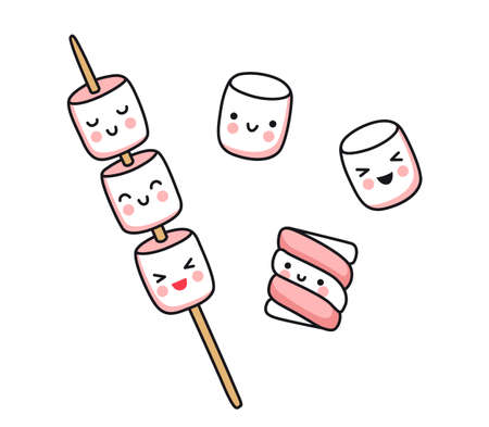 Cute little marshmallows on stick and striped marshmallow. Pink and white colored flat vector isolated illustration. Cartoon kawaii characters for pin, print, sticker, patch, badge, postcard.のイラスト素材