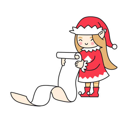 Christmas elf girl with scroll of gifts. Female cartoon character. Funny cute vector colored illustration for print, postcard, greeting card, sticker and pin.のイラスト素材