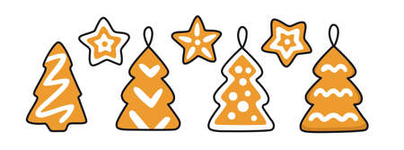 Gingerbread cookies, star and christmas tree. Holiday decoration, traditional christmas treat, design element. Vector colored isolated illustration for pin, sticker, patch, badge, greeting card.のイラスト素材