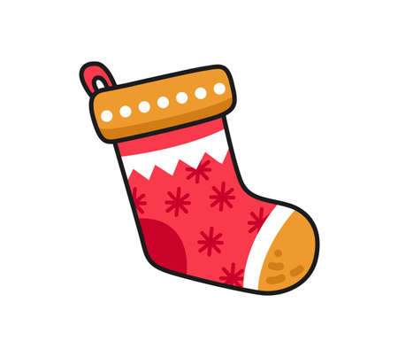 Red christmas sock for gifts. Holiday decoration, design element. Vector colored isolated illustration for pin, sticker, patch, badge, greeting card.のイラスト素材
