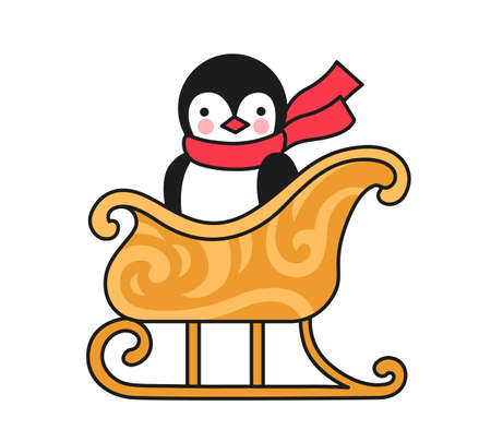 Penguin on Christmas sleigh. Cute cartoon animal character. Funny colored vector illustration for postcard, print, greeting card, sticker.のイラスト素材