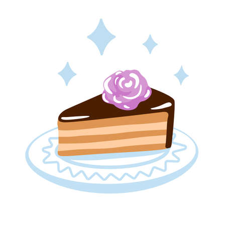 Piece of chocolate cake with cream rose. Delicious brownie on a porcelain saucer plate. sweet...