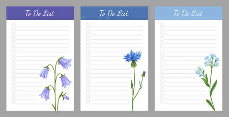 Set of planners and to do list, decorated with flowers. Template for agenda, schedule, checklist, notebook, card. Wish list collection with wildflowers. Journal and planner design vector illustration.のイラスト素材