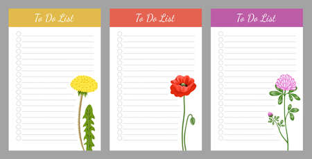 Set of planners and to do list, decorated with flowers. Template for agenda, schedule, checklist, notebook, card. Wish list collection with wildflowers. Journal and planner design vector illustration.のイラスト素材