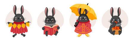 Rabbit with flowers, carrots, apples. Cute black bunny cartoon character. Vector flat illustration.のイラスト素材