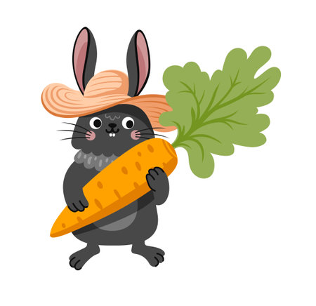 Rabbit with flowers, carrots, apples. Cute black bunny cartoon character. Vector flat illustration.のイラスト素材