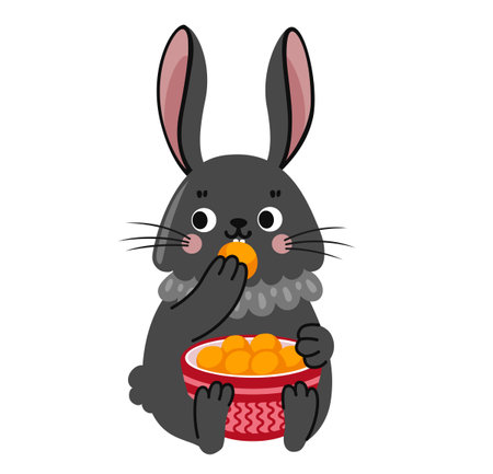 Cute little rabbit eating tangerine. Black bunny sitting with bowl of orange fruit. hare cartoon character. Flat vector illustration.のイラスト素材