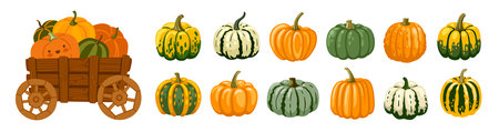 Hand drawn colorful striped spotted decorative gourds. Wooden pumpkin cart with cute cartoon...