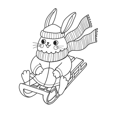 Cute rabbit outline cartoon character. Bunny rolling down hill on sled. Coloring book page template for kids and children, doodle print, vector contour illustration.のイラスト素材