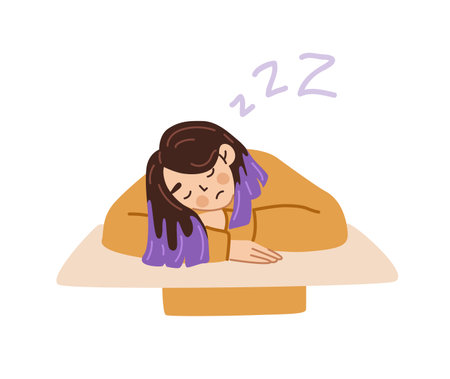 Tired young woman sleeping at table. Teenage girl asleep at the school desk. Sad female character vector hand drawn illustration.のイラスト素材