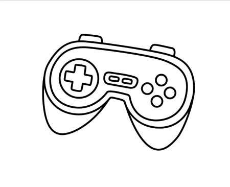 Gamepad, videogame joystick, playing controller. Retro electronic digital device. Outline icon. Isolated vector illustration.のイラスト素材