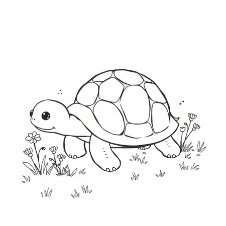 Cute little turtle in the grass. Coloring book for children.の写真素材