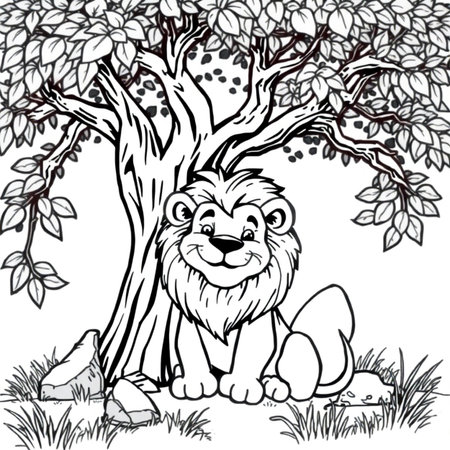 Lion and Tree - Black and White Cartoon Illustration, Vector Art