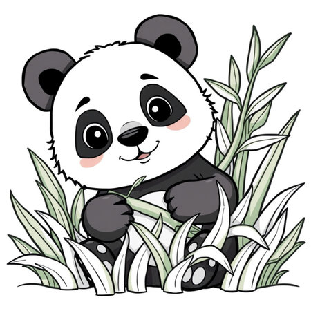 Illustration of a Cute Cartoon Panda Sitting in the Grass with a Plantの写真素材