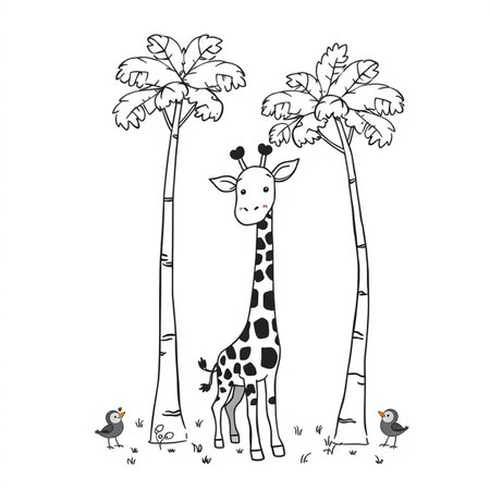 Giraffe and birds in the jungle. Hand drawn vector illustration.の写真素材
