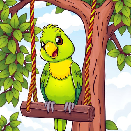 Cute green parrot sitting on a tree branch. Vector illustration.の写真素材