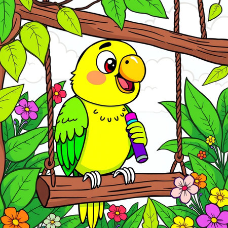 Cute cartoon parrot on a swing with flowers. Vector illustration.の写真素材