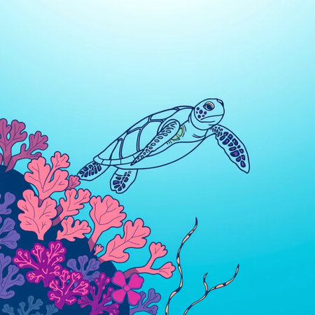 Sea turtle and corals on a blue background. Vector illustration.の写真素材