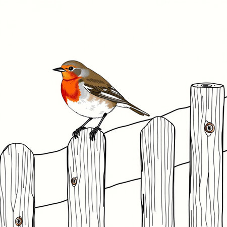 Robin bird on a wooden fence. Vector illustration of a bird.の写真素材