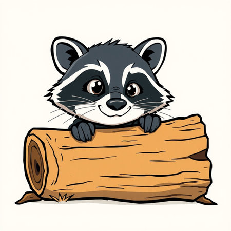 Cute raccoon with wooden log on white background. Vector illustration.の写真素材