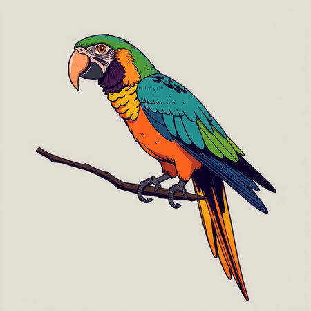Colorful macaw parrot on a branch. Vector illustration.の写真素材