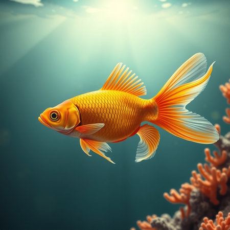 Goldfish swimming in the sea. 3D rendering. Underwater world.