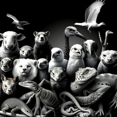 Group of different animals on a black background. 3D illustration.の写真素材